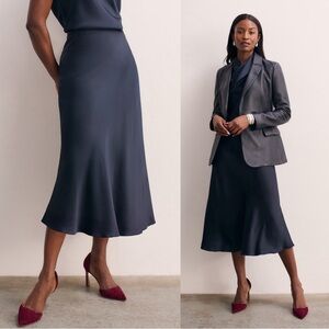 THE FOLD • Kelmore Satin Skirt midi navy blue bias cut flowy minimalist